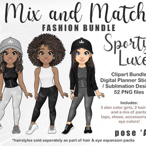 Customisable Mix Match Dress-Up Dolls, Sporty Fashion Girl Clipart, Digital Planner PNG, Black Girl Clipart, Personalised Chibi Sublimation