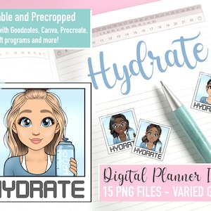 Icônes mignonnes hydratées mini planificateur numérique, fichiers PNG Healthy Emoticon Girl, autocollants hebdomadaires Goodnotes Printable Planner, clipart Fitness H2O