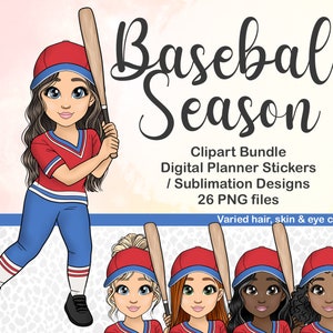 Baseball Girl Clipart, Lindo deporte de softbol Chibi PNG, Pegatina de planificador digital de otoño, Archivos de recorte de sublimación, Pegatina imprimible de cricket mom