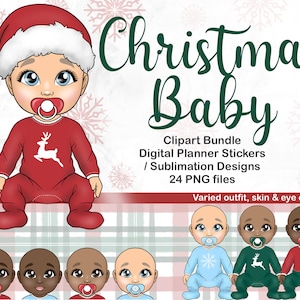 Christmas Baby Clipart, Festive Family PNG Bundle, Xmas Santa Hat Newborn Digital Planner Graphic, Baby Girl and Boy Sublimation SVG files