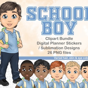 Clipart de colegial dibujado a mano, PNG de niños de la escuela, calcomanía imprimible para mochila de niño, planificador para niños pequeños de jardín de infantes, archivos Montessori de patio de juegos