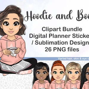 Mignon Bookworm Girl dans un clipart de sweat à capuche, Kawaii Reading Chibi PNG, Fille avec un autocollant imprimable de livre confortable, fichiers cricut de sublimation de livre