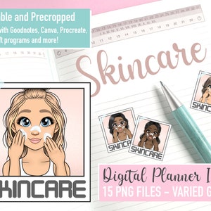 Mignon Skincare Mini Printable Planner Icons, fichiers Kawaii Emoticon Girl PNG, Digital Planner Goodnotes Daily Stickers, Onenote Emoji Clipart