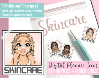 Cute Skincare Mini Printable Planner Icons, Kawaii Emoticon Girl PNG files, Digital Planner Goodnotes Daily Stickers, Onenote Emoji Clipart
