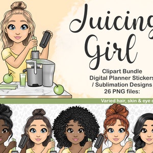 Fruit Juicing Girl Clipart, Healthy Vegetable Greens Juice Woman PNG, Fitness Kawaii Lady Sublimation Tumbler File, digital planner Sticker