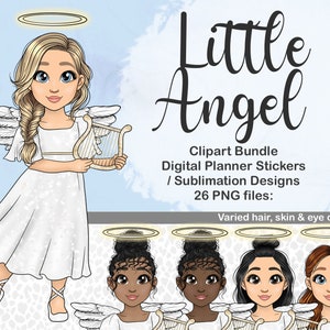 Angel Girl with Harp Clipart, Faith Digital Planner Sticker, Halloween Costume PNG, Cherub Girl with Halo Sublimation File, Church Clipart