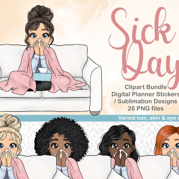 Sick Day Clipart, druckbare Aufkleber Erkältung und Flu, trauriges Mädchen Goodnotes PNG, Arbeit von zu Hause digitale Planner Clipart, Unwell Girl on Couch SVG,