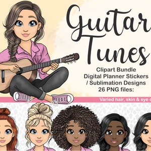 Schattig muziek meisje gitaar spelen clipart, muzieksnaarinstrument pop PNG illustratie, koor band vrouw sublimatie PNG, land meisje PLR