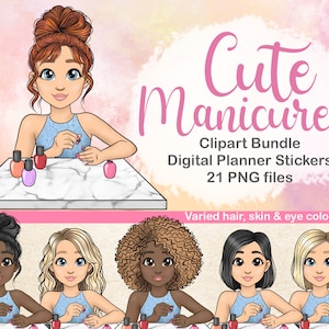 Cute Manicure Clipart | Meisje dat haar nagels clipart bundel | Zelfzorg digitale sticker | Afro Meisje Clipart | Spa Meisje Clipart
