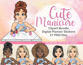 Manicure Clipart Bundle | Diverse Girls Painting Nails (Digital Sticker)