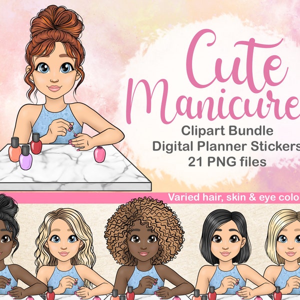 Cute Manicure Clipart | Girl Painting her Nails Clipart Bundle | Self care digital sticker | Afro Girl Clipart | Spa Girl Clipart