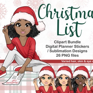 Imágenes prediseñadas de lista de deseos de Navidad, pegatinas de planificador de niña de Navidad, archivos PNG para Cricut, mamá afro Chibi, imágenes prediseñadas de niña negra, sublimación de vaso SVG