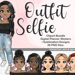 Tenue Selfie Girl Clipart, Influencer Blogger Clipart, Denim Fashion Doll Illustration, Fichiers PNG pour Sublimation, Digital Planner Sticker