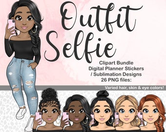 Outfit Selfie Girl Clipart, Influencer Blogger Clipart, Denim Fashion Doll Illustration, PNG files for Sublimation, Digital Planner Sticker