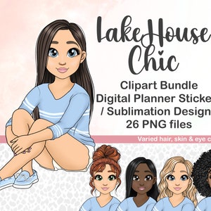 Cute LakeHouse Girl in Jeans PNG, Kawaii Fashion Girl Clipart, Vacation Digital Planner Doll Bundle, stile PNG, Tumbler Sublimation Files