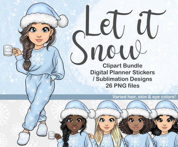 Hand drawn Cosy Snowflake Sweatsuit Girl with Cup PNG, Christmas Clipart Girl, Cute Comfy Woman in Santa Hat, Xmas Printable Digital Sticker