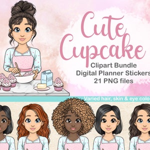 Clipart de padeiro desenhado à mão, adesivo de planejador digital de mãe de cupcake, clipart de panificação, mulher assando, adesivo digital de logotipo de panificação
