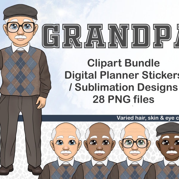 Grandpa Clipart, Granddad PNG, Kawaii Digital Planner Male Doll, Tumbler Sublimation, Cute Old Man Sticker, Cartoon Father Illustration