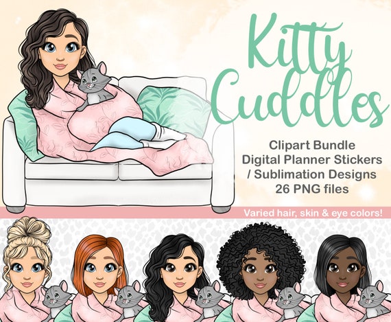 Girl Cuddling Kitten, Cat Mom Clipart, Peeking Cat Clipart, Girl with Cat Clipart SVG, Instant Download, PLR Digital Stickers, Commercial