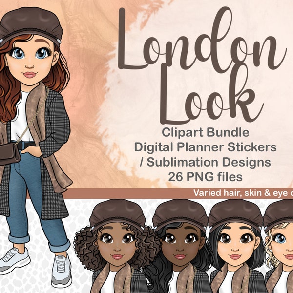 London Fashion Girl in Coat Clipart, Bakerboy Hat Fashion Woman PNG, Autumn SVG, Fall Digital Planner Sticker, Cute Printable Cricut Sticker