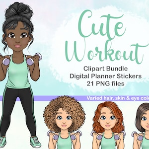 Fashion Girl Fitness Clipart | Gewichte PNG | Digitaler Planer Gym Girl | Schwarzes Mädchen SVG | African American Girl Clipart | Gewichtsabnahme PNG