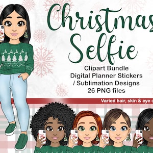 Süßes Mädchen im Weihnachtspullover unter Selfie Clipart, Kawaii Xmas Jumper Chibi PNG, Hispanic Woman Planner Doll, festliche Mode Mädchen SVG