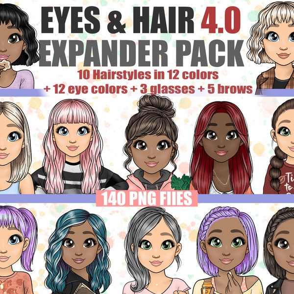 Customisable Hairstyle Clipart Bundle, Hair Digital Planner PNG, Overlay Sublimation Hair Art, Space buns Activity Girl Expander Pack