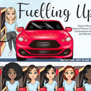 Kawaii vrouw tanken van gas in auto clipart, schattig meisje kopen brandstof bij benzinestation PNG, digitale planner to do lijst iconen, sublimatiebestanden