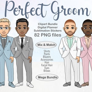 Clipart personnalisable de marié de mariage, mari à mélanger et assortir les autocollants numériques de costume, fichiers PNG de Sublimation de mariage, imprimable de jeunes mariés