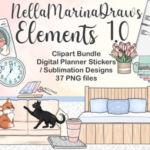 NellaMarinaDraws Cute Clipart Bundle, Verschiedene Möbel PNG, kawaii funktional digitaler Planer, druckbare Sticker, Becher Sublimation