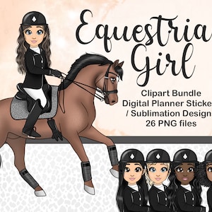 Clipart de fille équestre, équitation femme PNG, fichier de sublimation de poupée Chibi poney, Clipart de fille noire, poupée de planificateur numérique équine à cheval