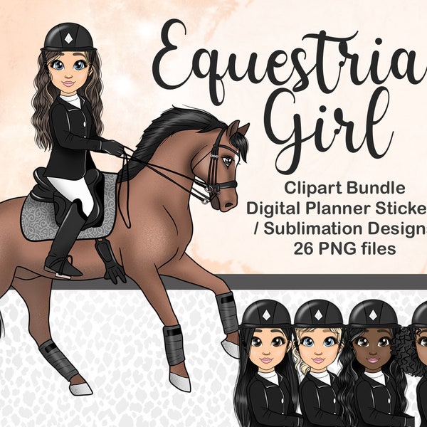 Equestrian Girl Clipart, Horse Riding Woman PNG, Pony Chibi Doll Sublimation File, Black Girl Clipart, Horseback Equine Digital Planner Doll