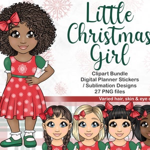Linda niña de Navidad Clipart, Joven colegiala PNG, Kawaii Chibi Child Digital Planner Sticker, Family Kids Sublimation Files