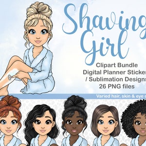 Shaving Legs Girl Clipart, Hair Removal PNG Files, Selfcare Mom Digital Planner Sticker, Spa Girl Printable Sticker, Afro Fashion Woman SVG