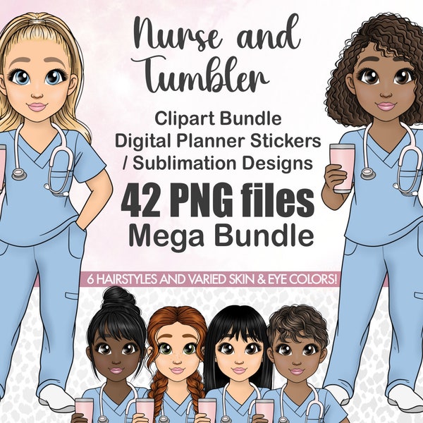 Enfermera PNG con Tumbler Planner Sticker, médico imprimible, imágenes prediseñadas de muñecas médicas, Nursing Woman Chibi Sublimation descarga instantánea png