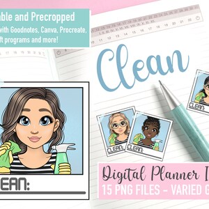schoonmaken mini PNG iconen, schone herinnering meisje clipart bundel, huis klusjes planner sticker, huishoudelijk werk clipart, leuke Bujo functionele sticker