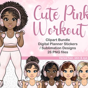 Workout Girl Digital Sticker, Fitness Afro Woman Clipart, Workout Clipart, Fitness Cold Cup SVG, Curvy Girl Clipart, Instant Download Files
