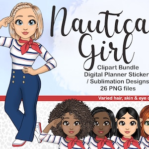 Nautical Woman Clipart, Boat Style Fashion Girl PNG, Cute Cruise Ship Chibi Digital Planner Sticker, Black Afro Mom Sublimation SVG File