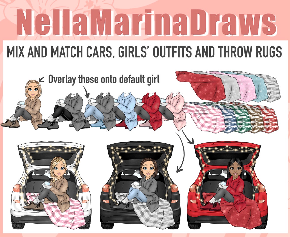 Christmas Car With Fairy Lights Clipart Cosy Xmas Girl PNG Etsy