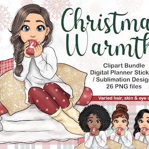 Gemütliche Weihnachten Clipart Chibi mit Heißes Getränk, Festliches Mädchen und Tee PNG, Xmas Frau trinkt heiße Schokolade, Digitaler Planer Sublimation File