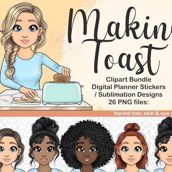 Cute Girl Making Toast PNG, Mom Making Toasted Bread Breakfast Clipart, Toaster Digital Planner Stickers, Fit Foodie Carbohydrates Icons,