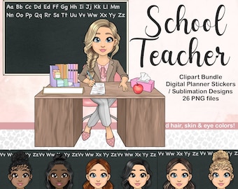 Teacher Clipart, Back to School Classroom PNG, Elementary Teacher Tumbler Sublimation Files, Kawaii Digital Planner Doll, Teacher Life SVG