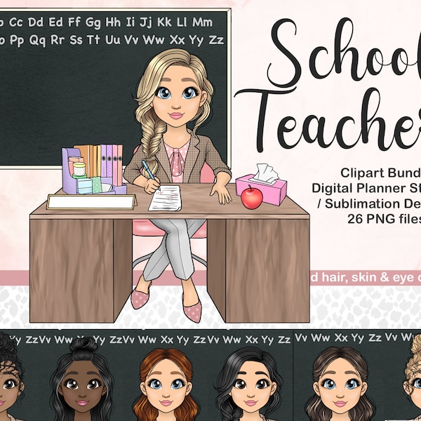 Teacher Clipart, Back to School Classroom PNG, Elementary Teacher Tumbler Sublimation Files, Kawaii Digital Planner Doll, Teacher Life SVG