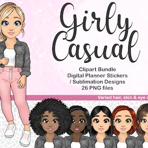 Schattig Casual meisje in denim jasje PNG, Kawaii Fashion Girl Clipart, stijlvolle digitale Planner Doll bundel, Mama PNG, Tumbler sublimatiebestanden
