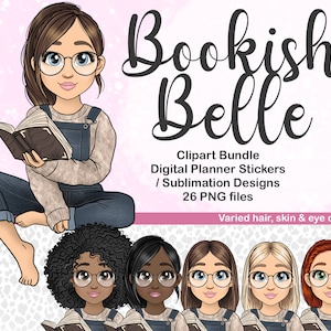 Bookish Girl Reading a Novel PNG, Kawaii Bookworm with Book Clipart, Library Lady Digital Planner Sticker, Reading Tracker Sublimation File