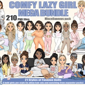 Comfy Lazy Fashion Girl Clipart Mega Bundle, Kawaii Chibi PNG, Girl Boss Digital Planner Sticker, Black Girl Clipart, Planner Doll afdrukbaar
