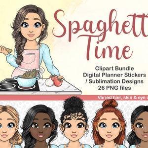 Clipart de espaguete para menina, mamãe fazendo macarrão PNG, adesivos digitais para planejador diário, adesivos para impressão de cozinha, adesivos Food BuJo