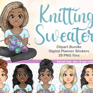 Knit Clipart Girl / Mom Chore Planner / Activity Printable Digital Sticker / Cartoon Mom Files /  Cute Girl Sticker / crafty Girl Crafting