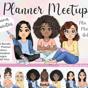 Planner Meetup beste vrienden clipart, schattige aanpasbare meisjes PNG, kawaii sublimatie Chibi Meeting, besties vriendinnen op conferentie SVG