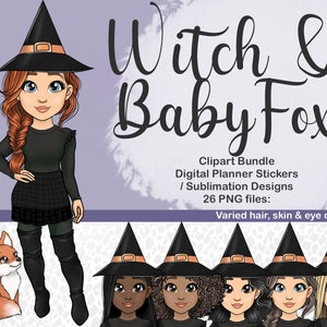 Fille sorcière avec bébé renard dessiné à la main, clipart femme sorcière mignonne PNG, autocollants numériques automne effrayant, fichier Cricut imprimable, Illustration animale